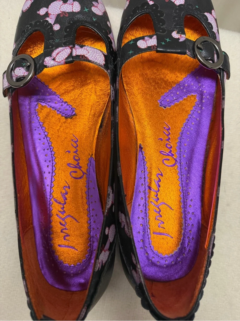 Irregular Choice Black Mary Jane Flats with Pink Poodle Motif